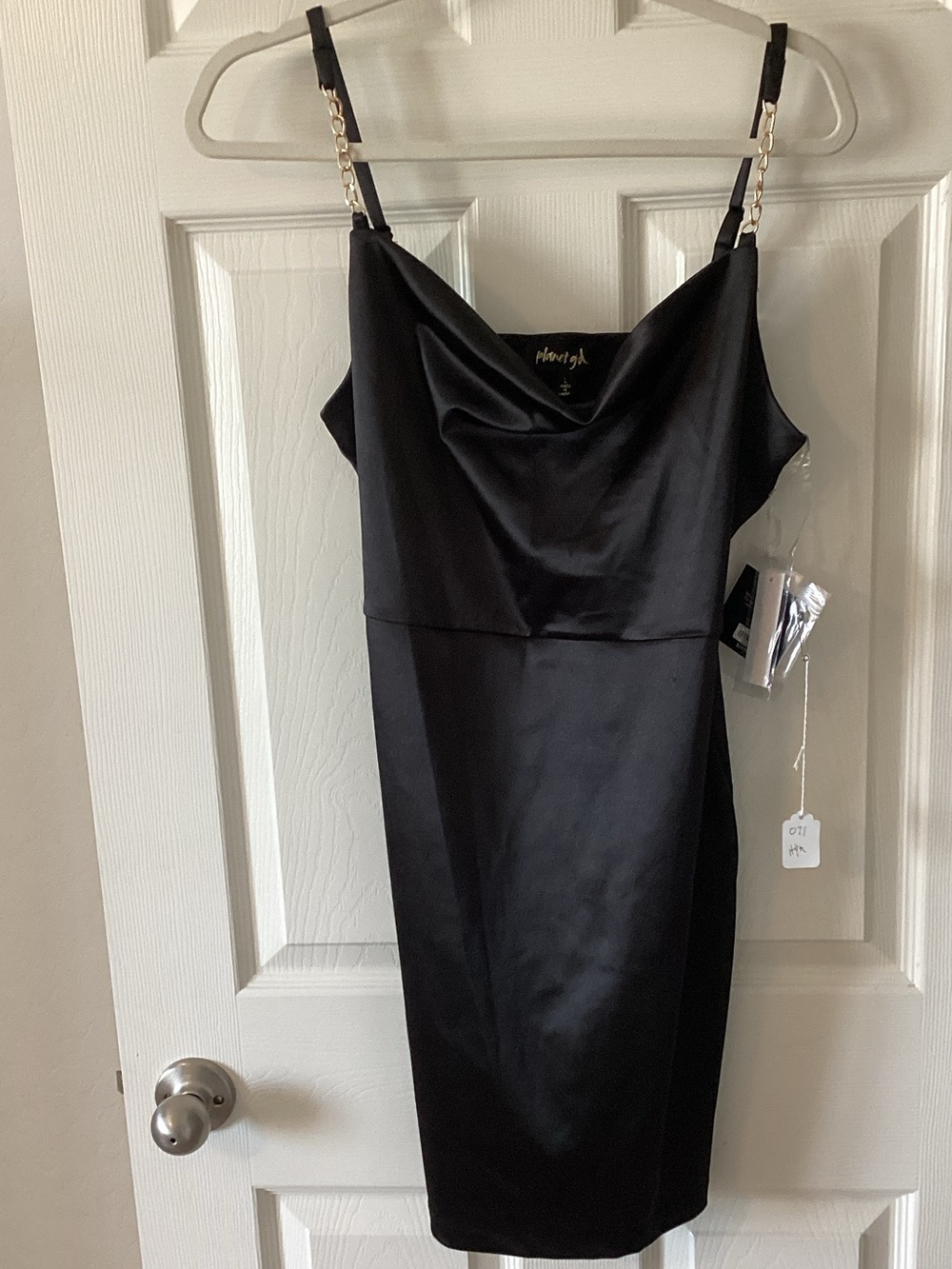 Planet Gold Black Satin Mini Dress with Gold Chain Straps